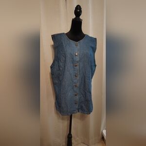 Vintage Just Class 100% Cotton Denim Sleeveless Button-Up Top